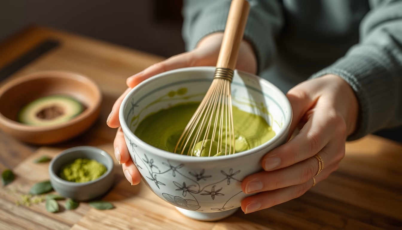 matcha bowl whisk green in editorial style