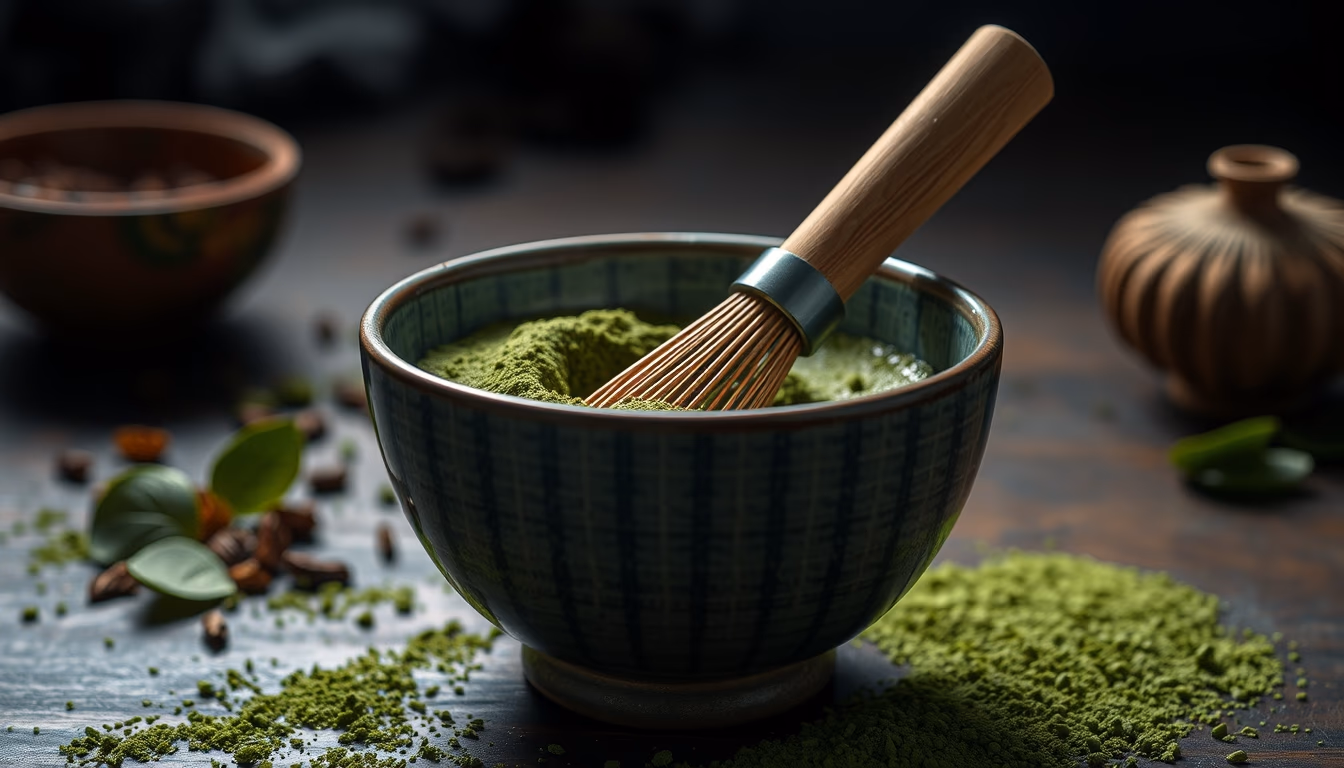 matcha bowl whisk green in editorial style