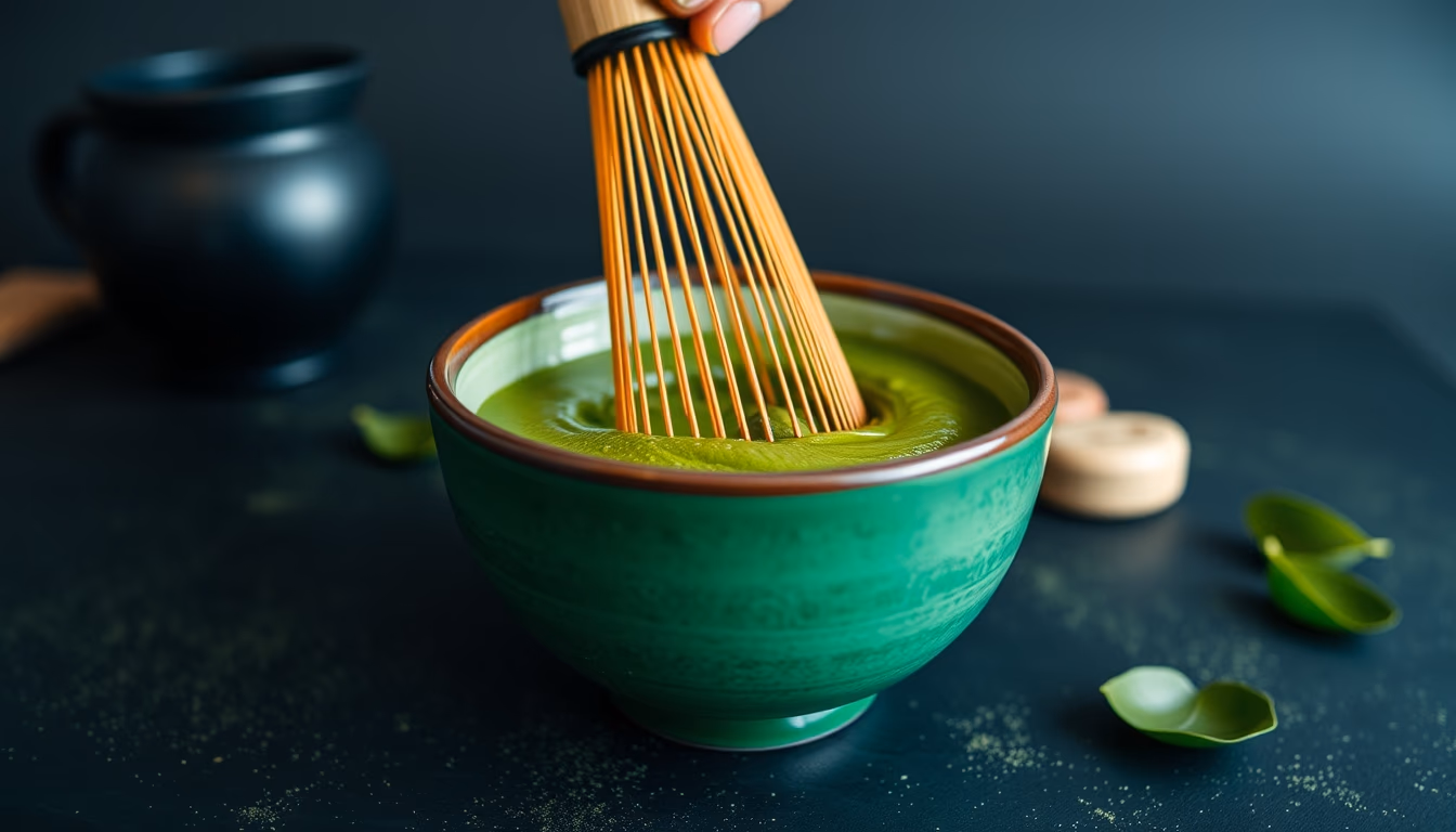 matcha bowl whisk green in editorial style