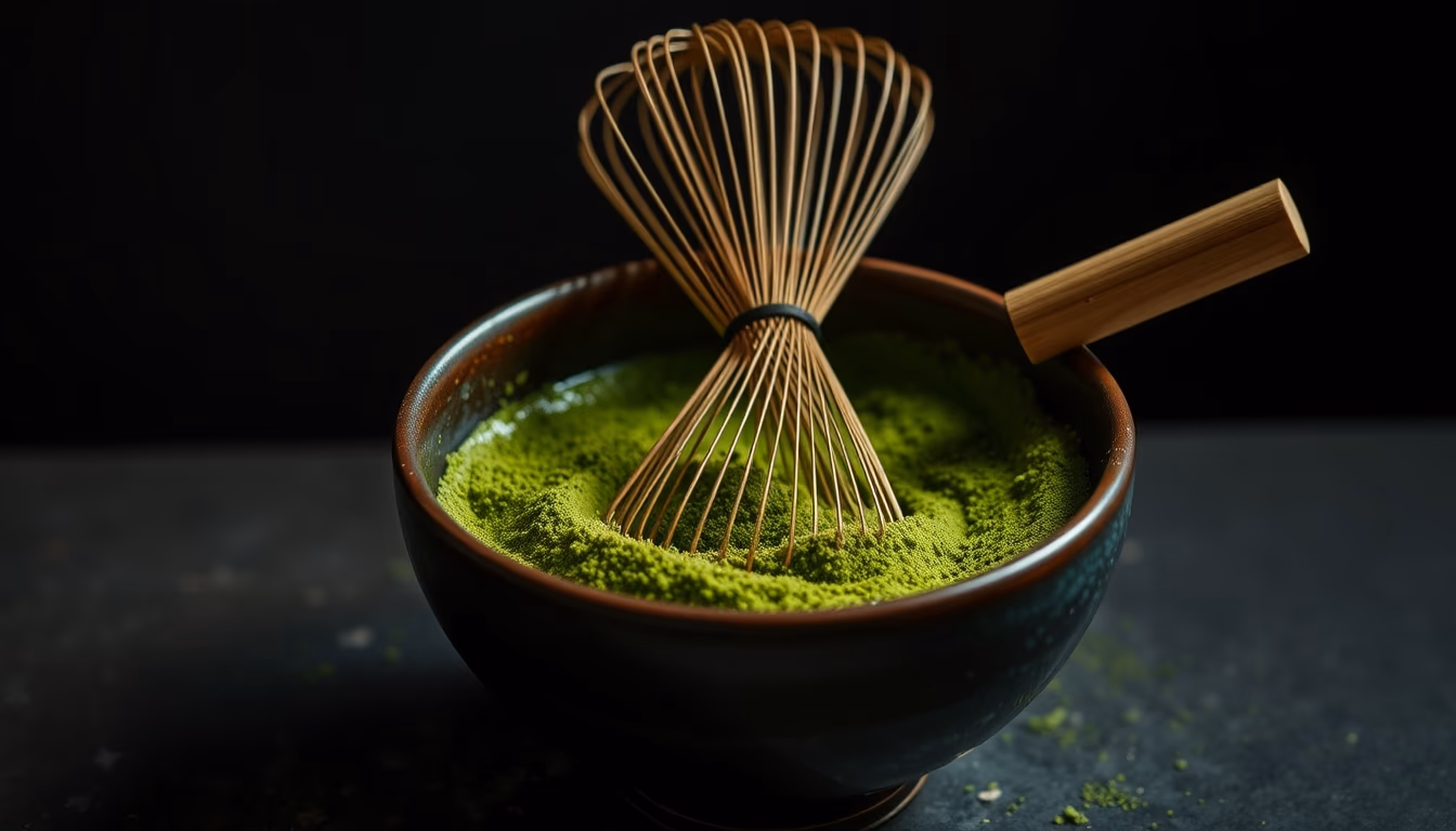 matcha bowl whisk green in editorial style