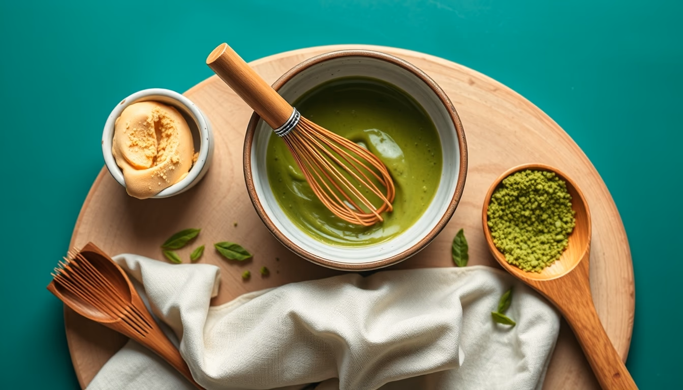 matcha bowl whisk green in editorial style