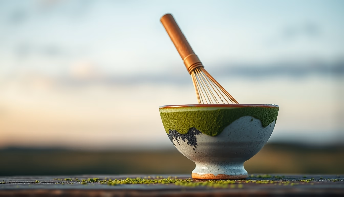 matcha bowl whisk green in editorial style