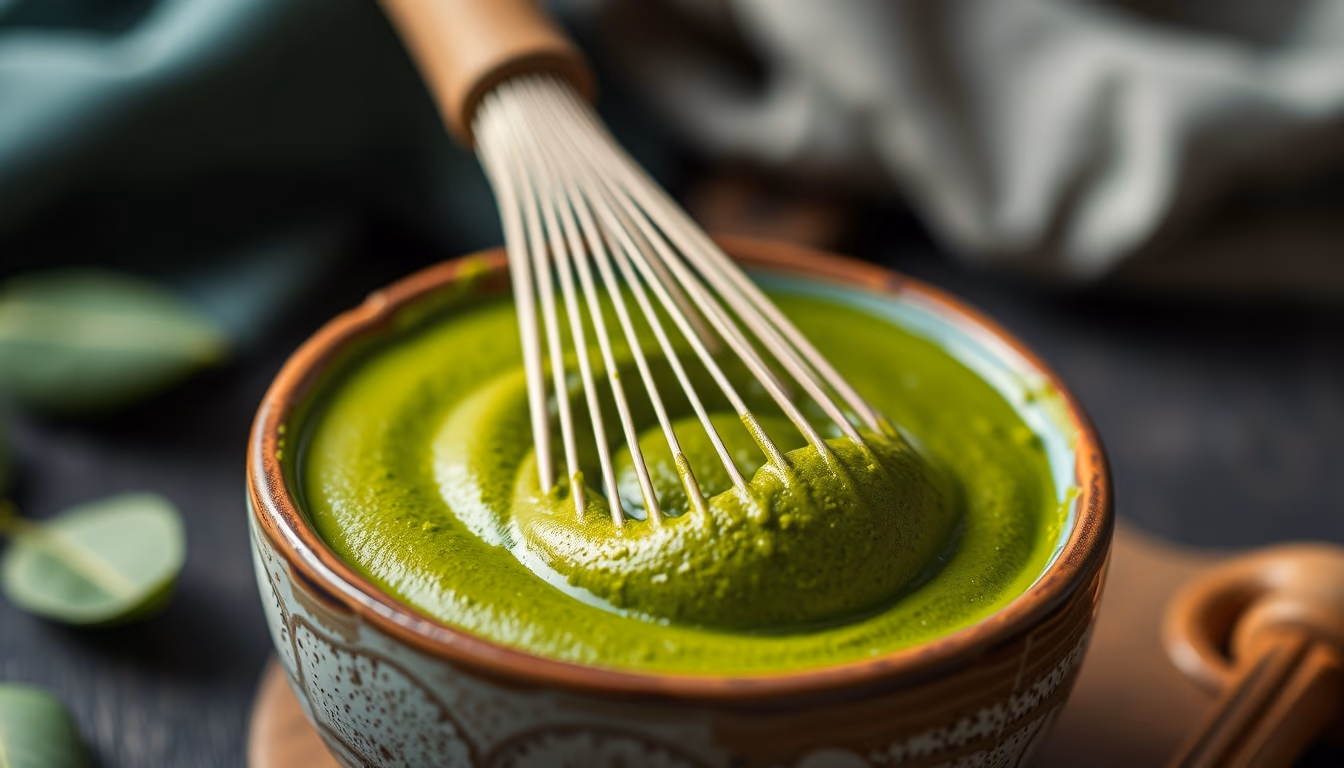 matcha bowl whisk green in editorial style