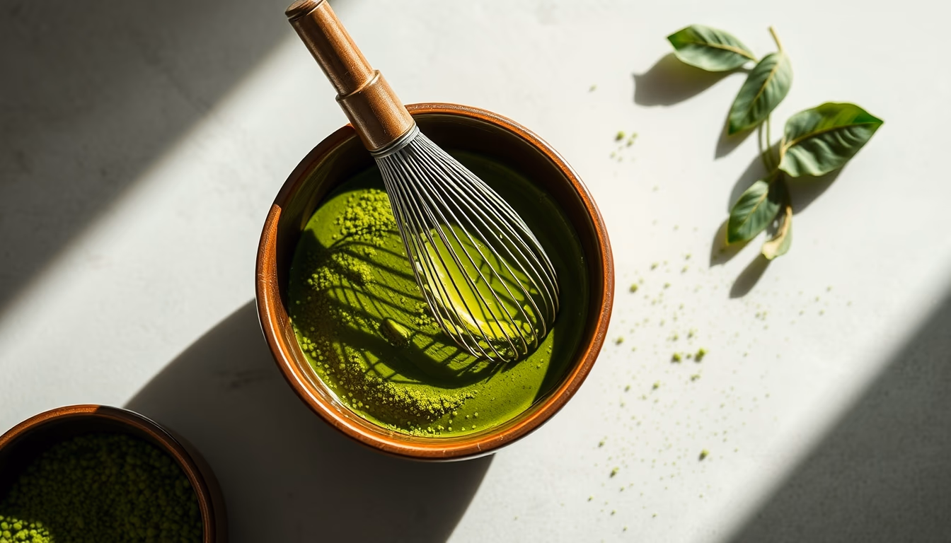 matcha bowl whisk green in editorial style