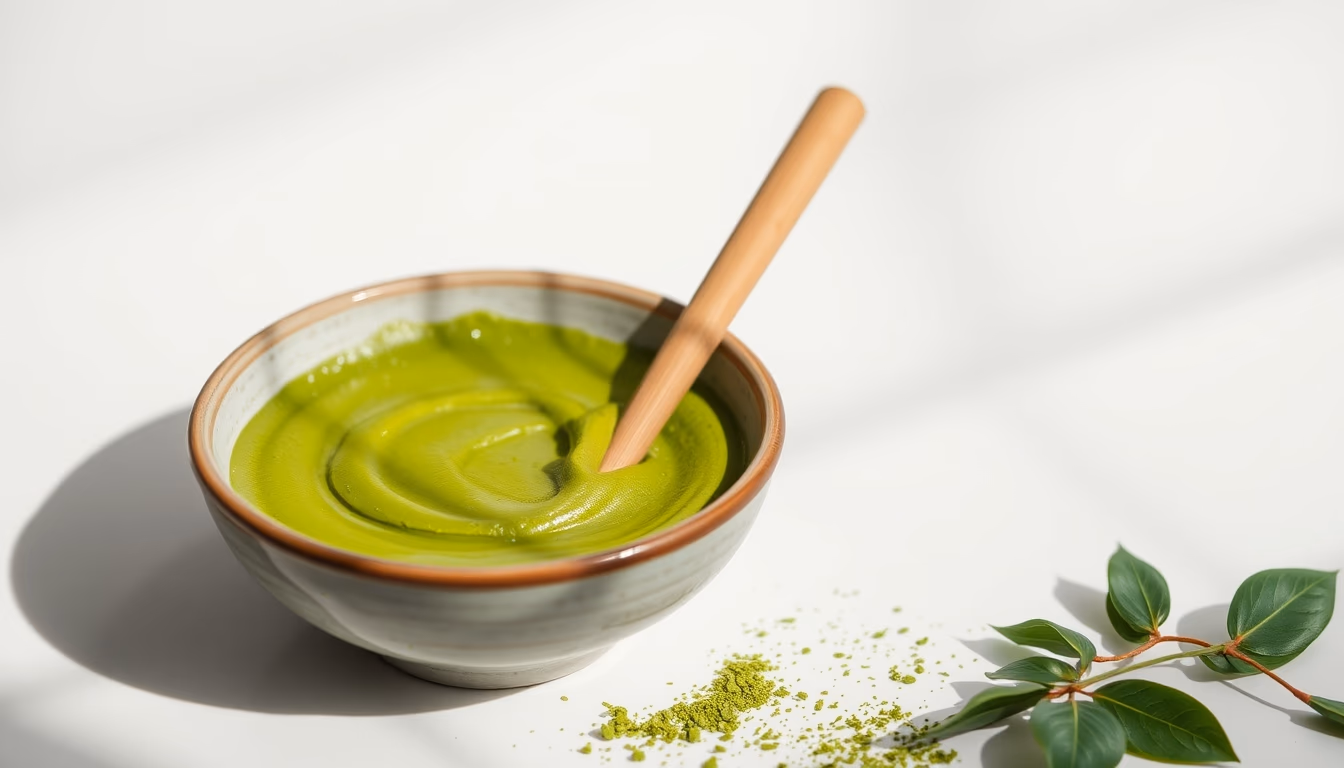 matcha bowl whisk green in editorial style