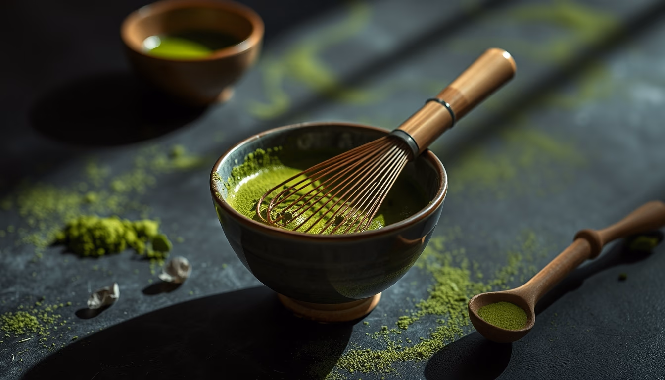 matcha bowl whisk green in editorial style