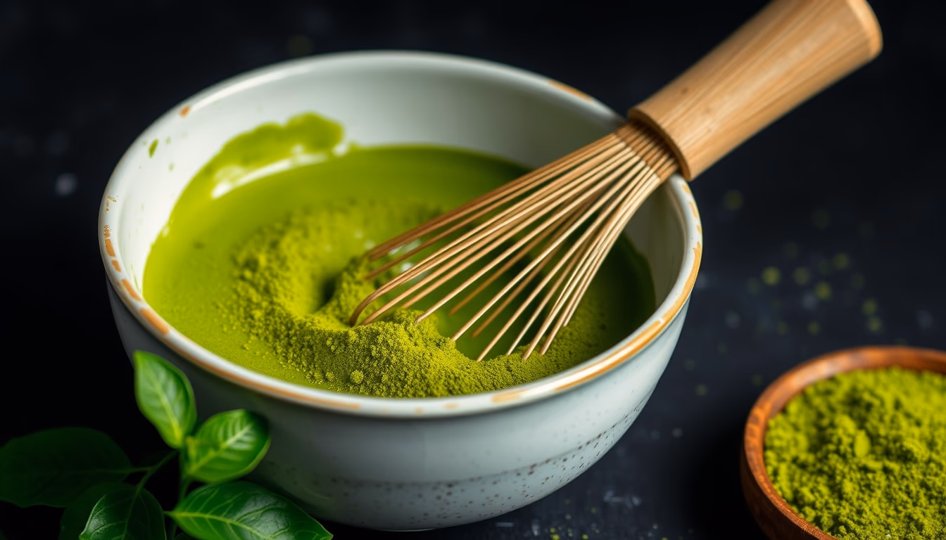 matcha bowl whisk green in editorial style