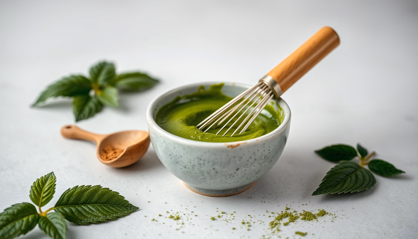 matcha bowl whisk green in editorial style