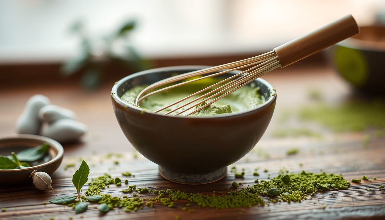 matcha bowl whisk green in editorial style