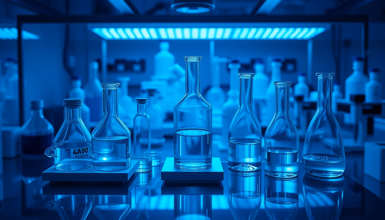 medical lab glassware blue lighting in editorial style