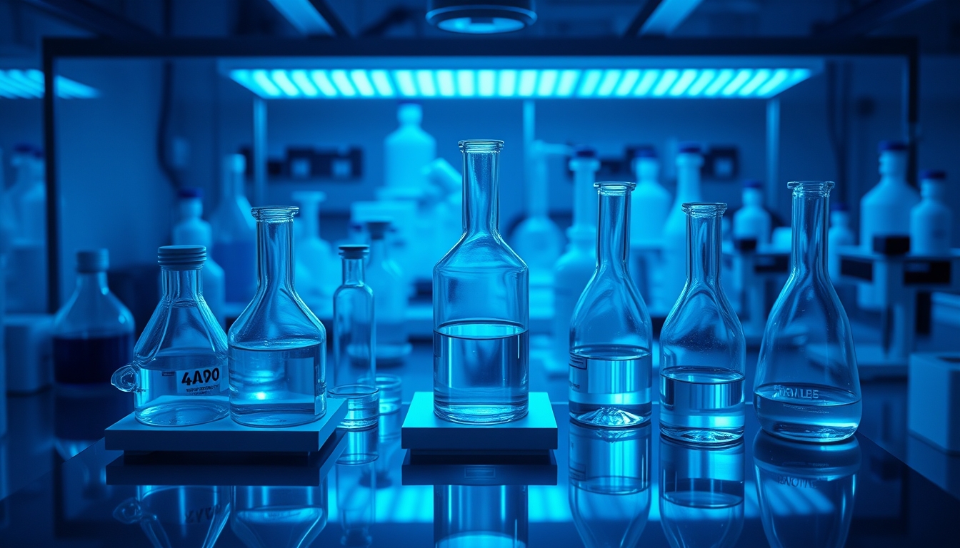 medical lab glassware blue lighting in editorial style