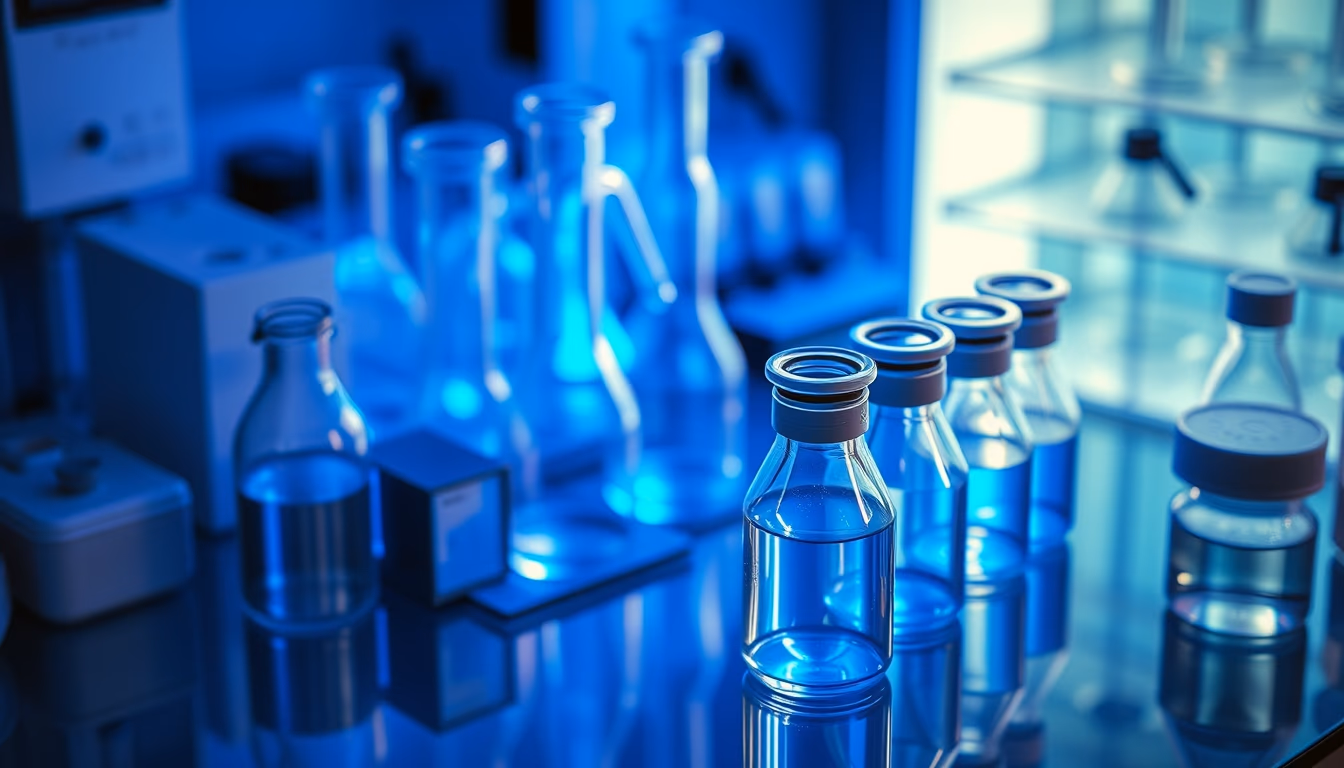 medical lab glassware blue lighting in editorial style