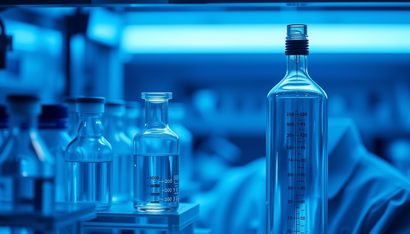 medical lab glassware blue lighting in editorial style