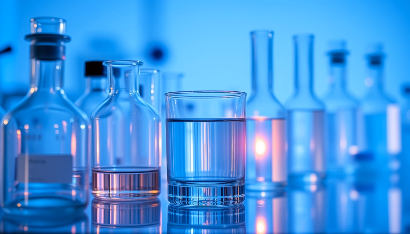 medical lab glassware blue lighting in editorial style