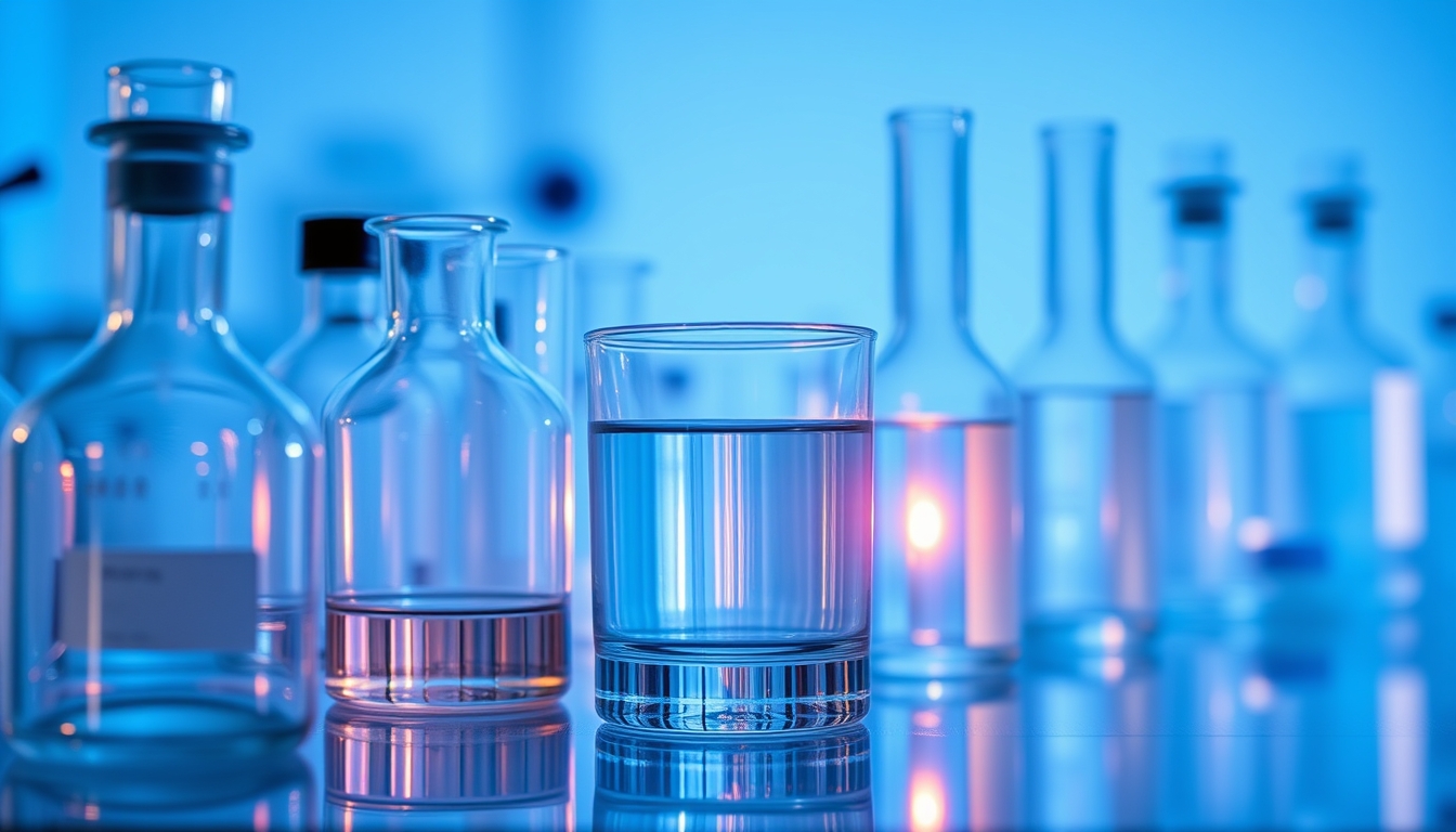 medical lab glassware blue lighting in editorial style