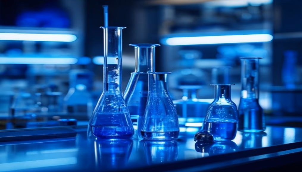 medical lab glassware blue lighting in editorial style