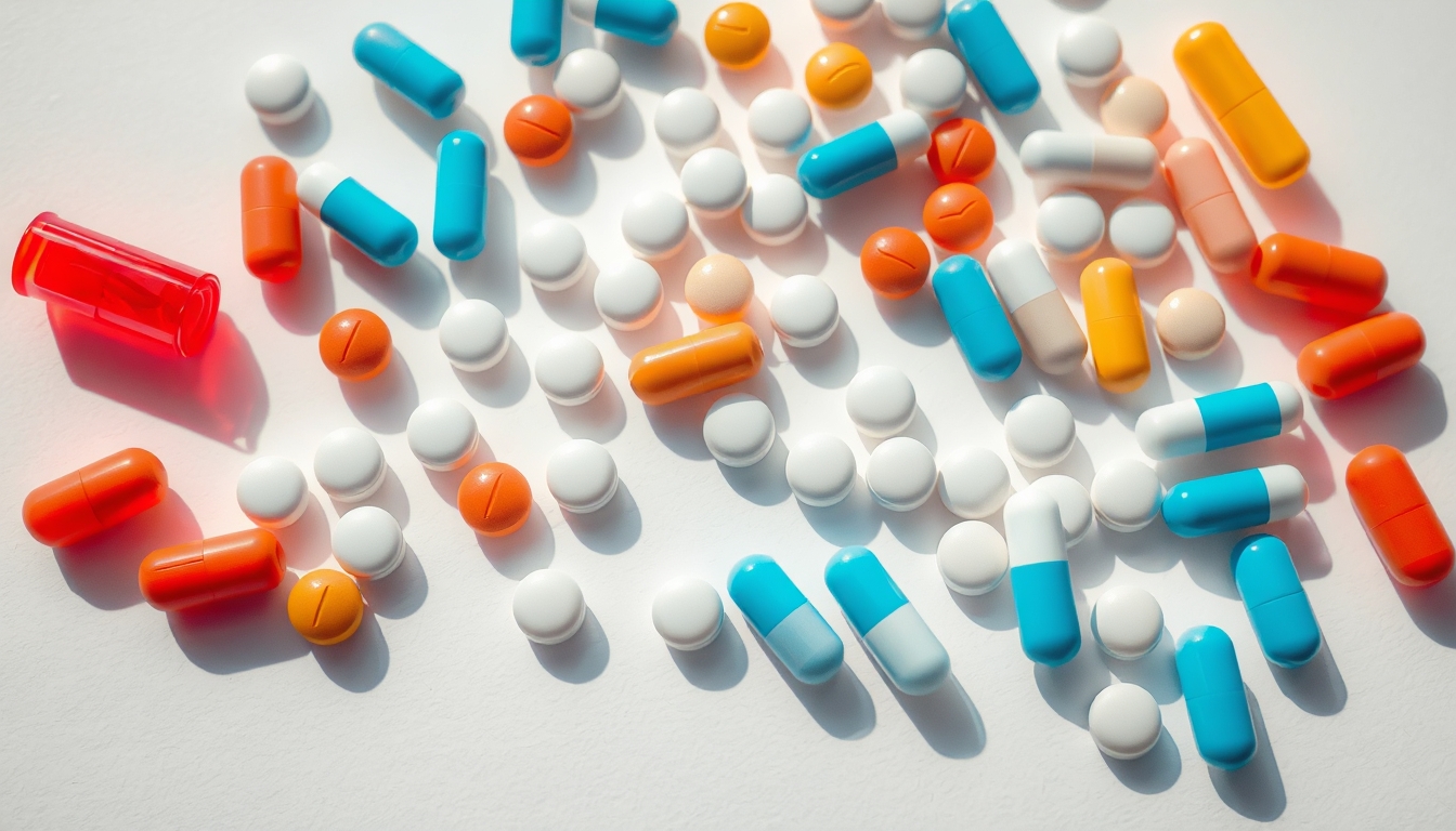 Sortimento de comprimidos em fundo branco em estilo editorial