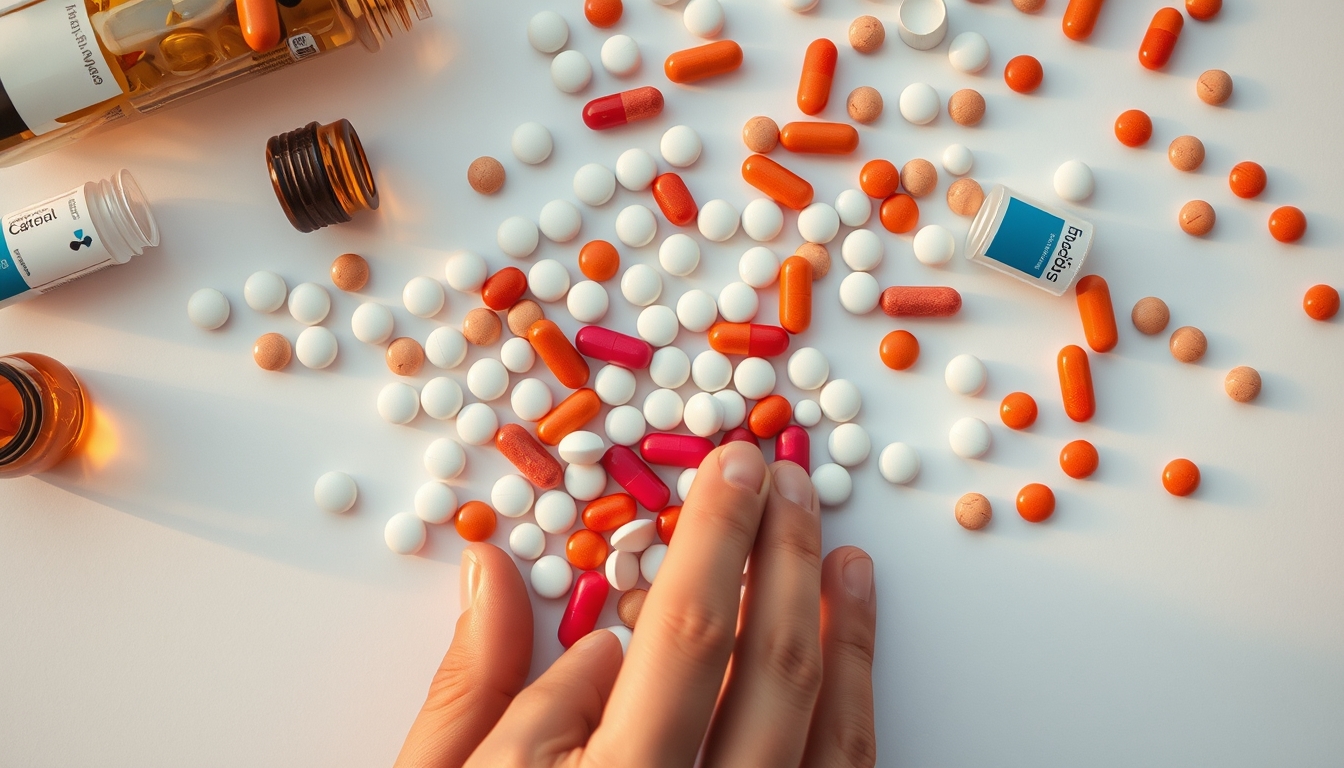 Sortimento de comprimidos em fundo branco em estilo editorial