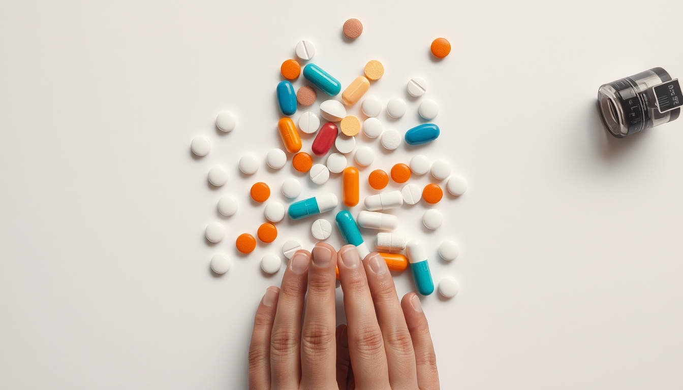 Sortimento de comprimidos em fundo branco em estilo editorial