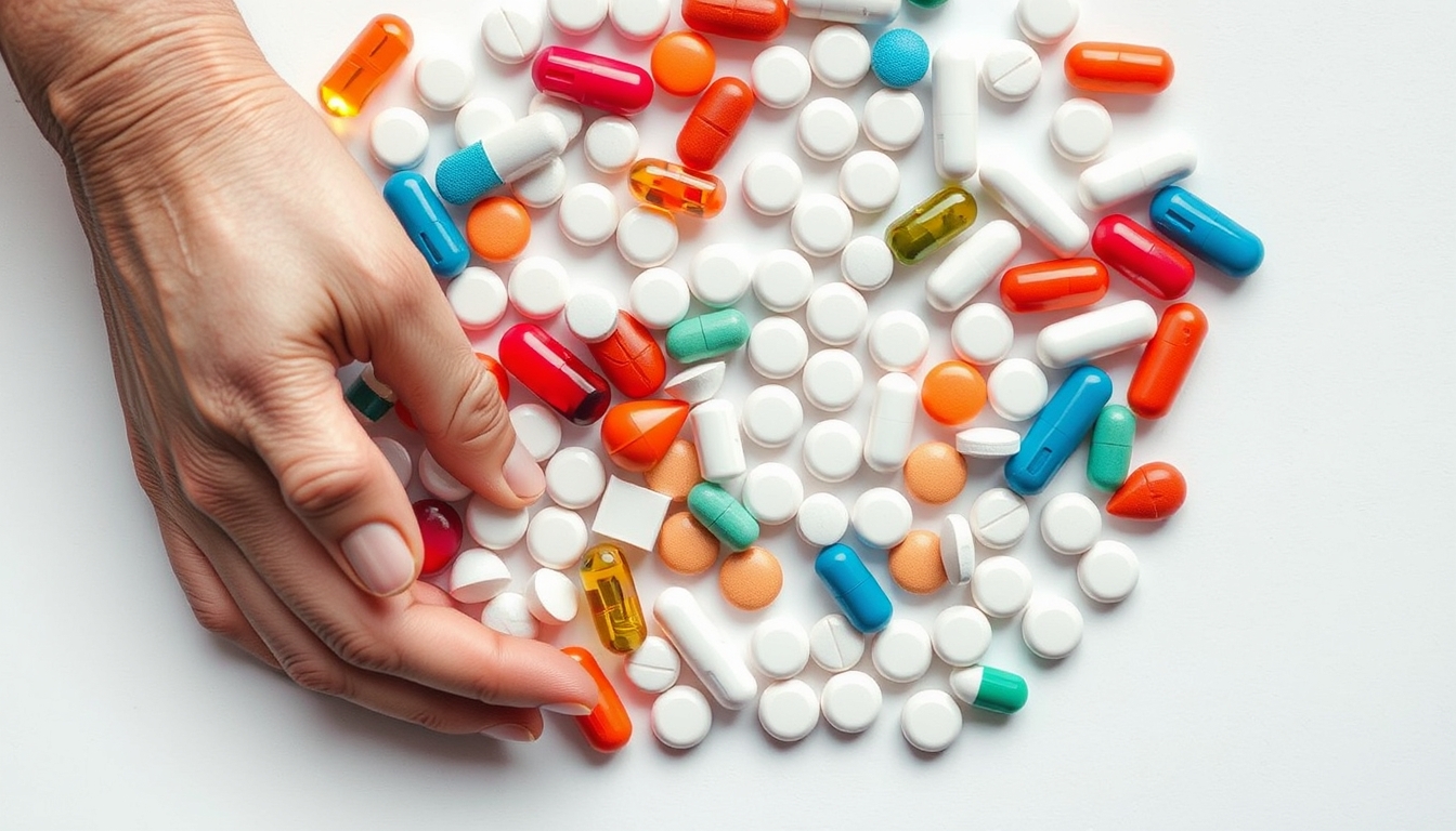 Sortimento de comprimidos em fundo branco em estilo editorial