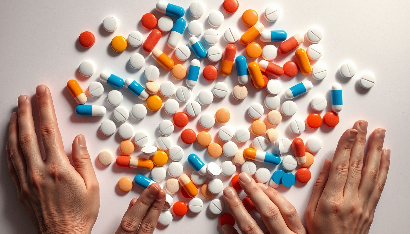 Sortimento de comprimidos em fundo branco em estilo editorial