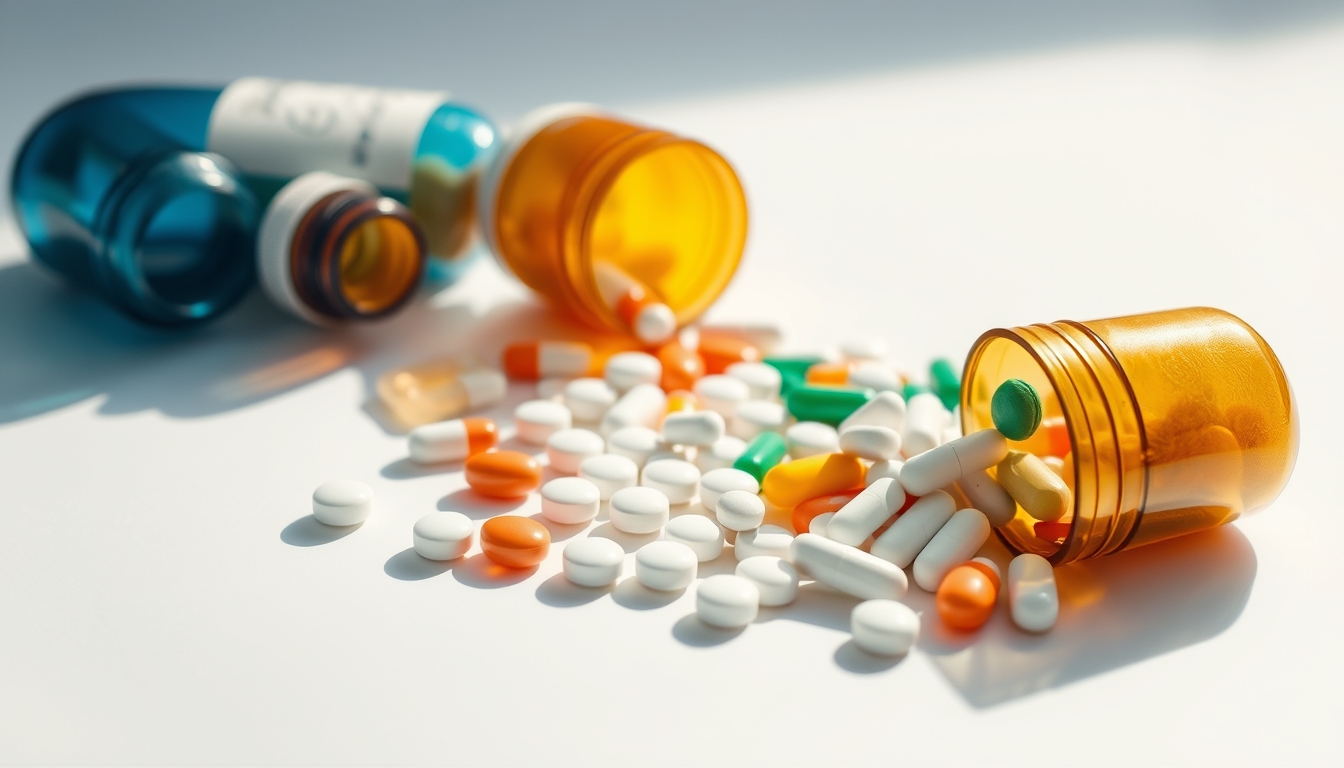 Sortimento de comprimidos em fundo branco em estilo editorial