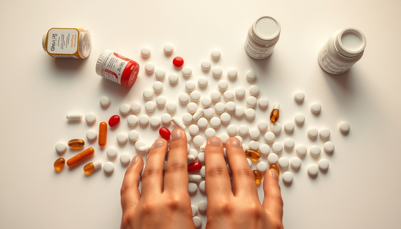 Sortimento de comprimidos em fundo branco em estilo editorial