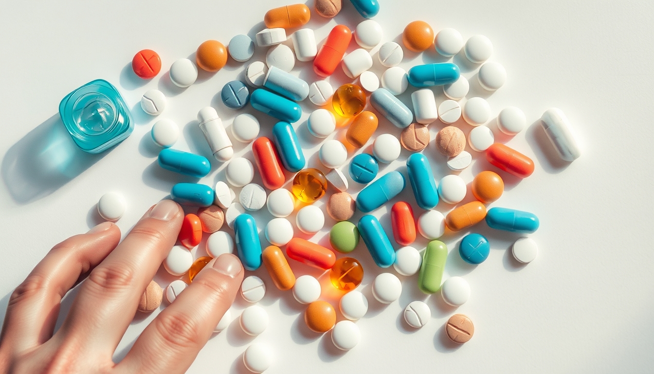 Sortimento de comprimidos em fundo branco em estilo editorial