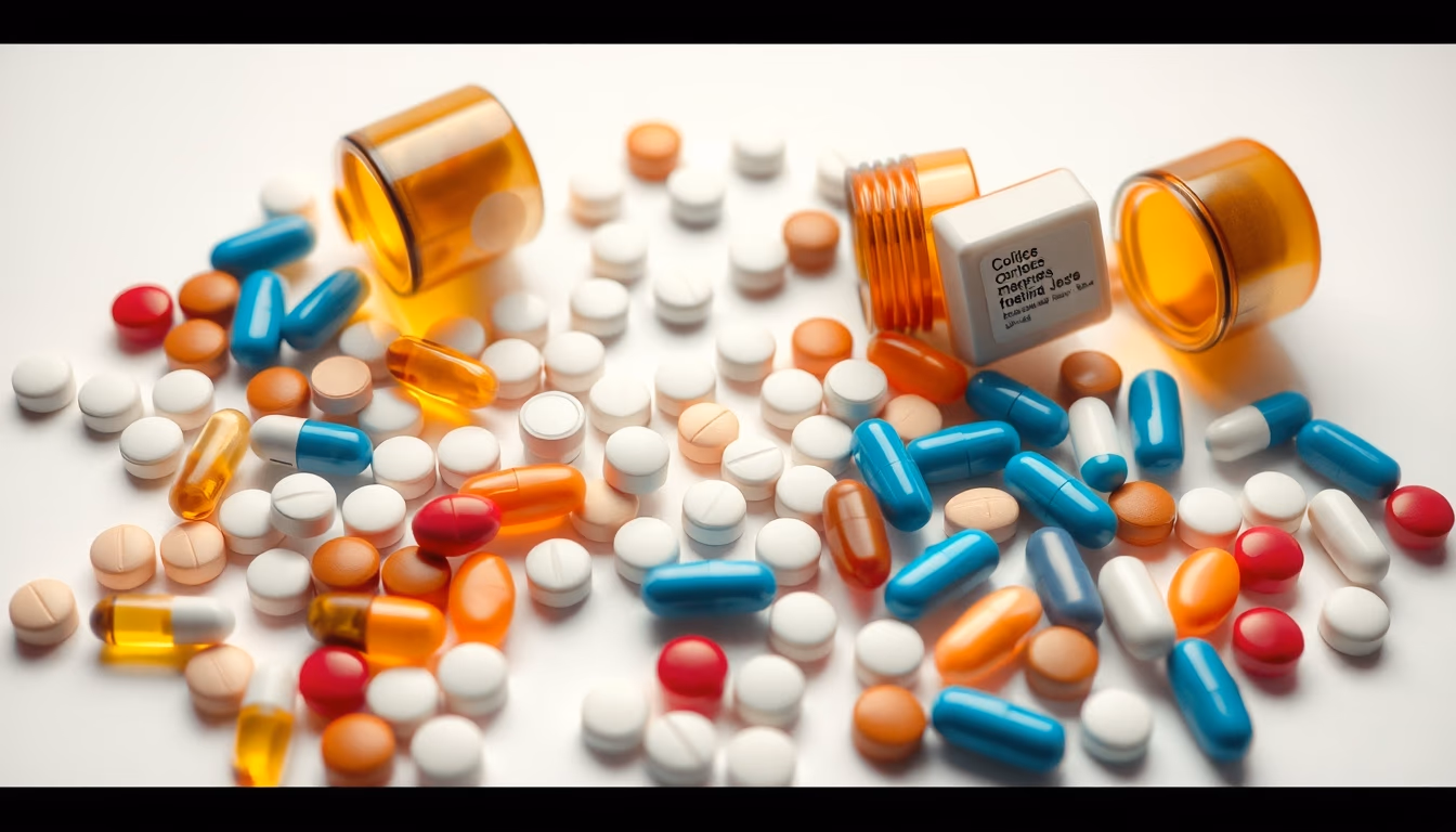 medical pills assortment on white background in editorial style