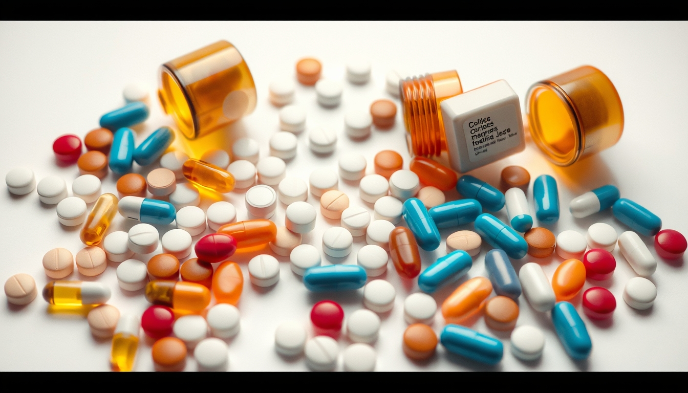Sortimento de comprimidos em fundo branco em estilo editorial