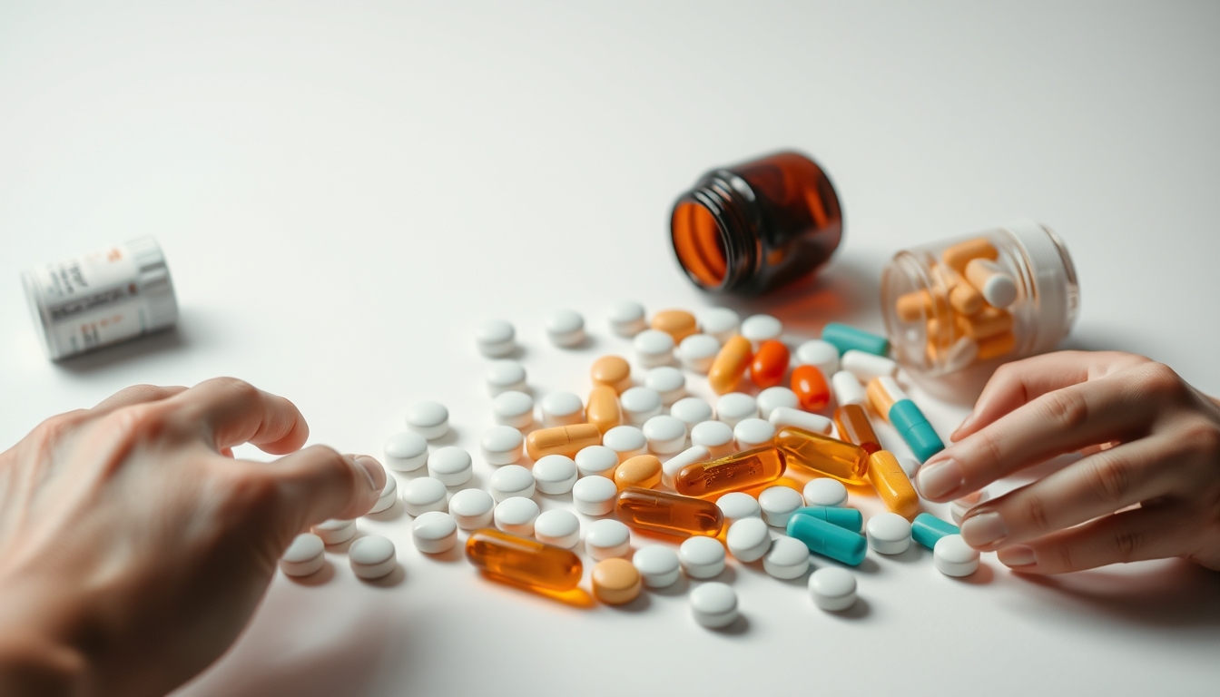 Sortimento de comprimidos em fundo branco em estilo editorial