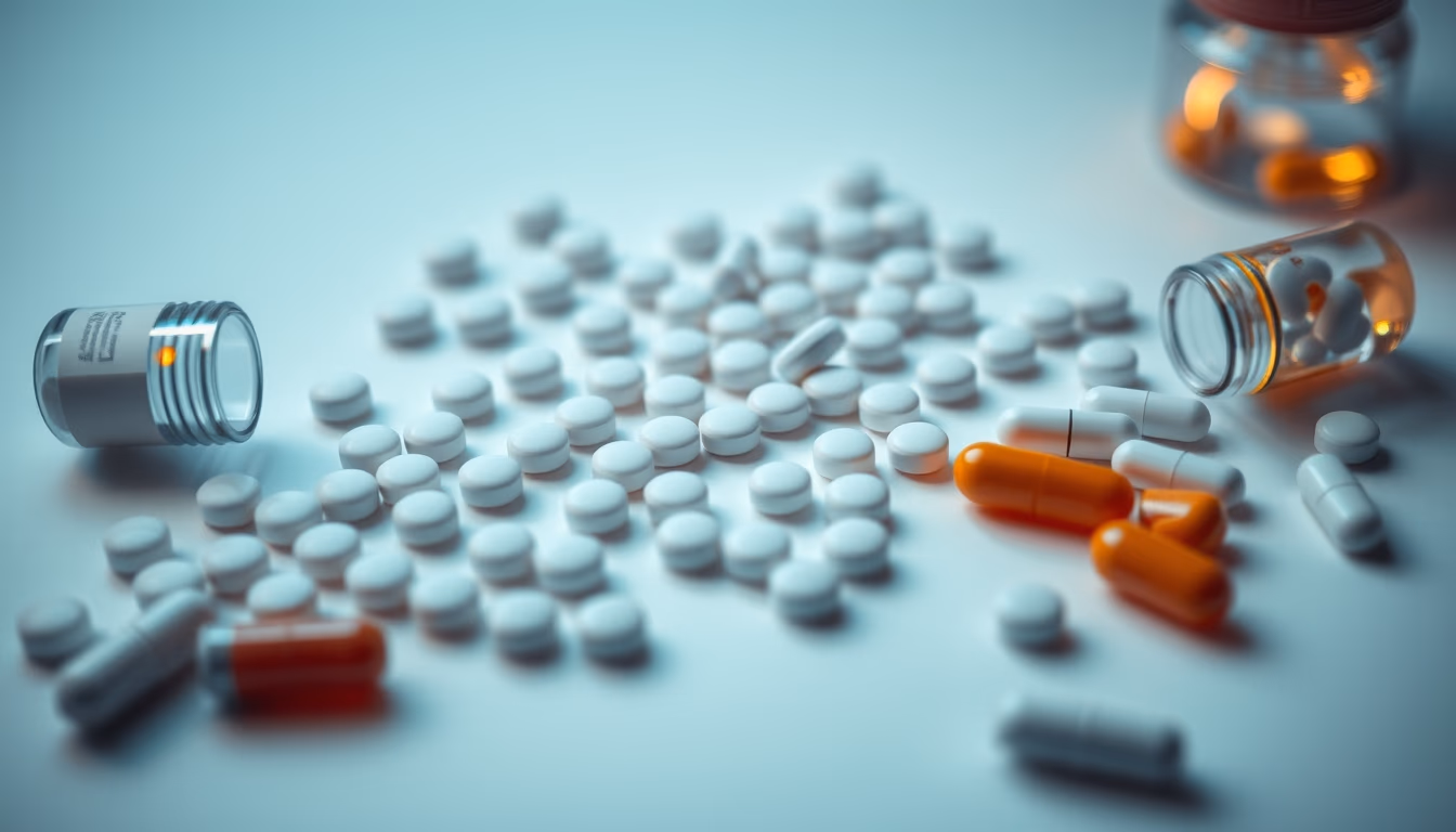 medical pills assortment on white background in editorial style