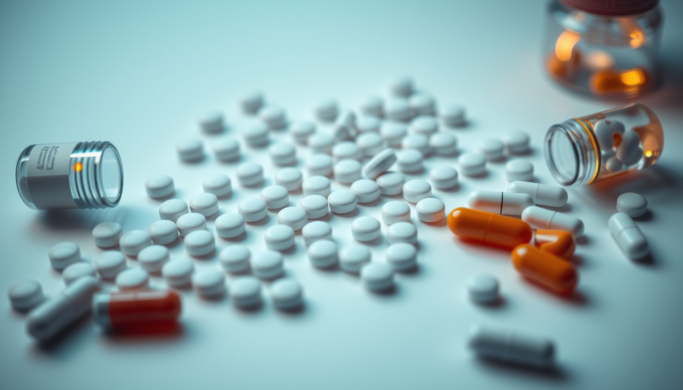 Sortimento de comprimidos em fundo branco em estilo editorial