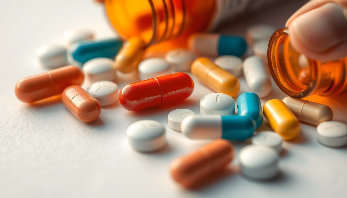 medical pills assortment on white background in editorial style