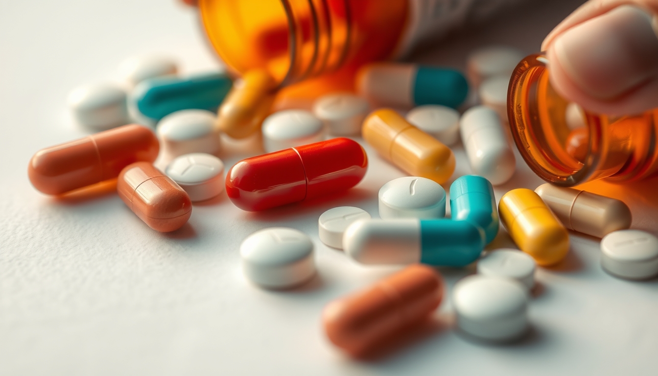 Sortimento de comprimidos em fundo branco em estilo editorial