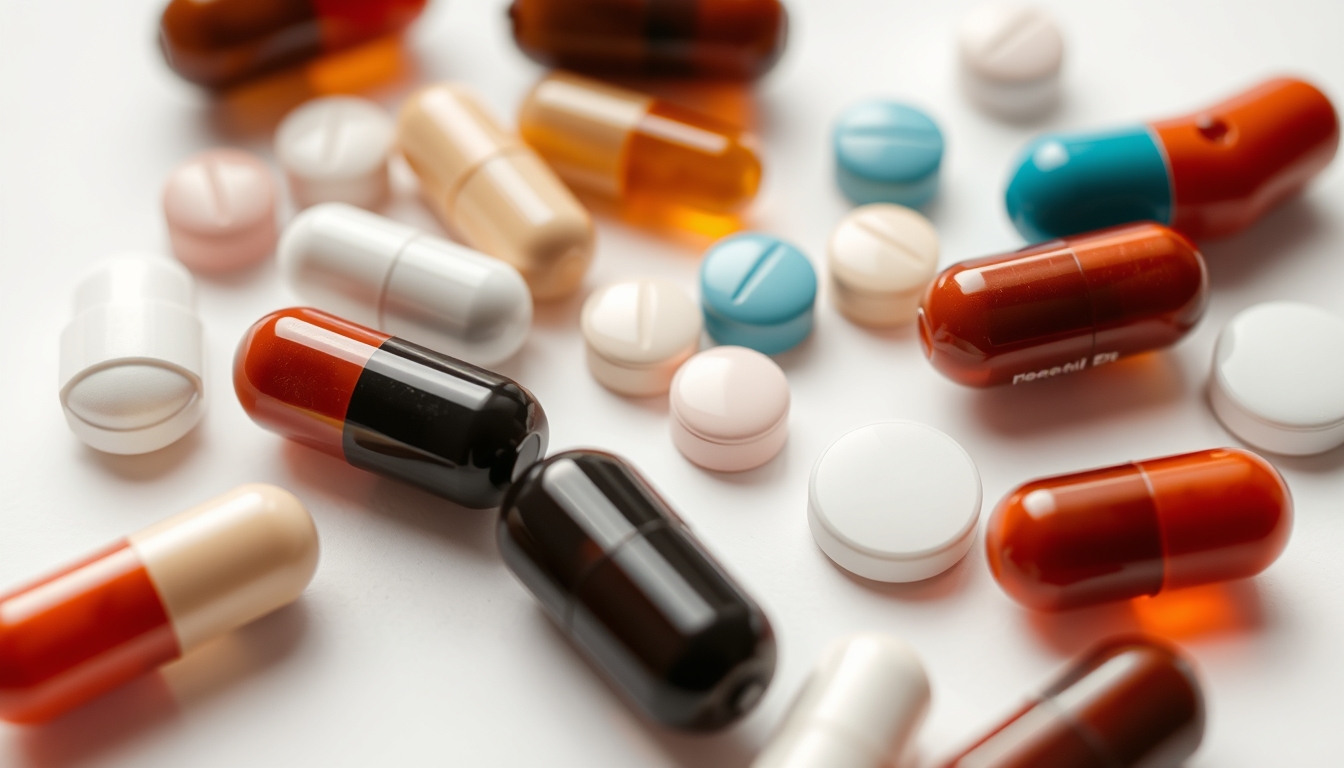 Sortimento de comprimidos em fundo branco em estilo editorial