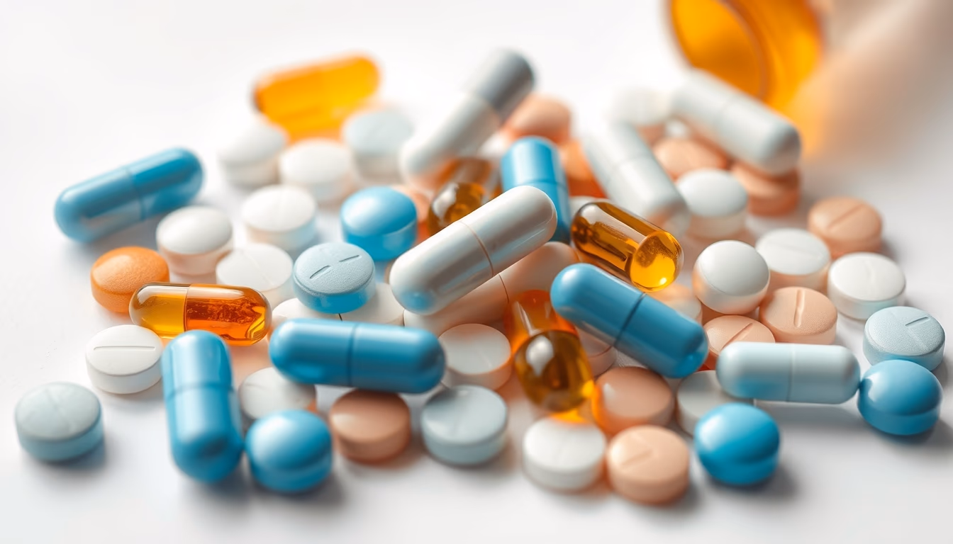 medical pills assortment on white background in editorial style