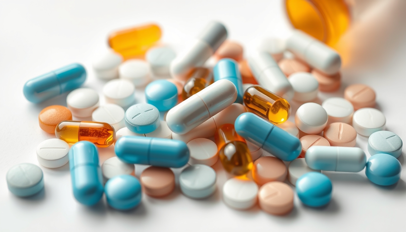 Sortimento de comprimidos em fundo branco em estilo editorial