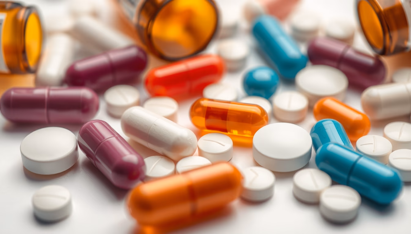 medical pills assortment on white background in editorial style