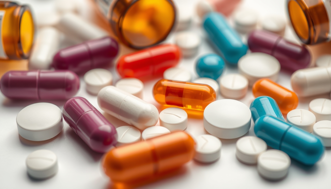 Sortimento de comprimidos em fundo branco em estilo editorial