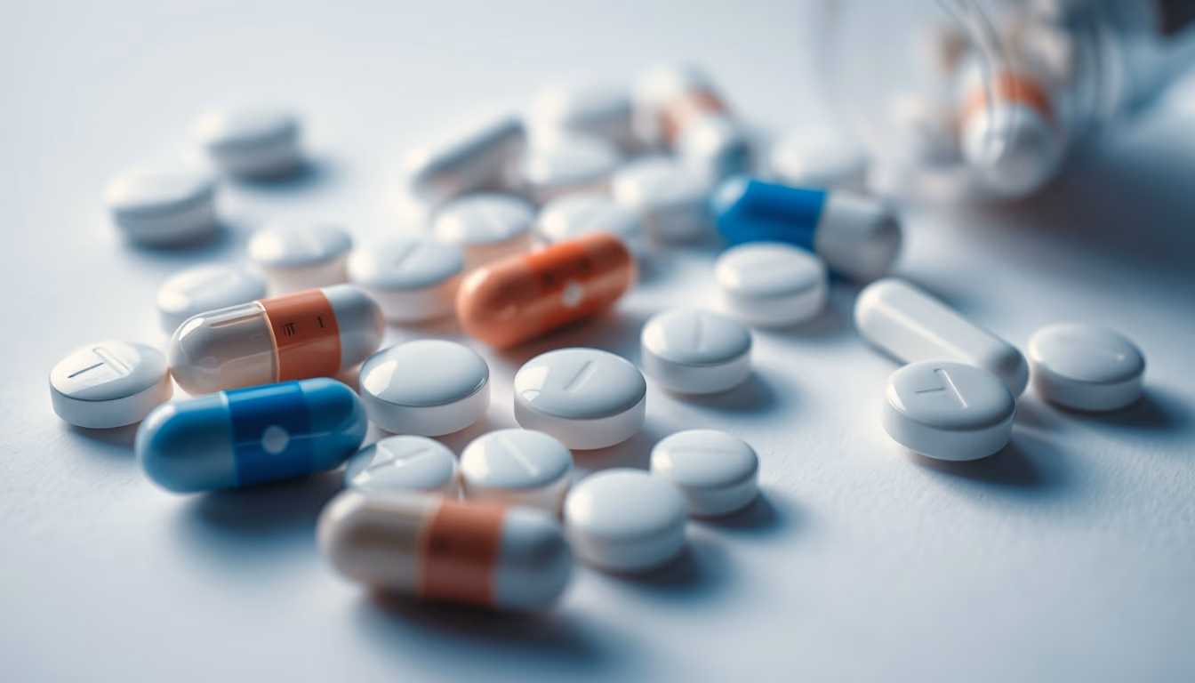 medical pills assortment on white background in editorial style