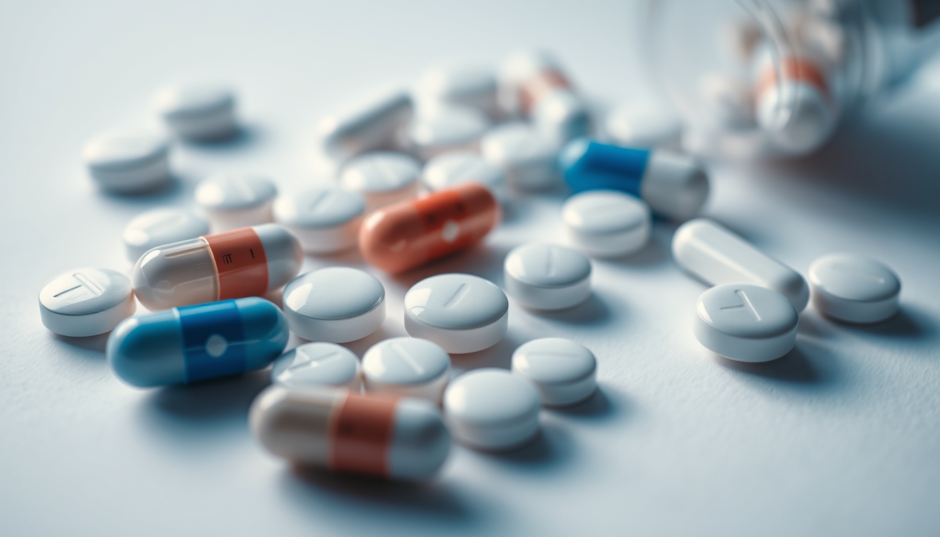 Sortimento de comprimidos em fundo branco em estilo editorial