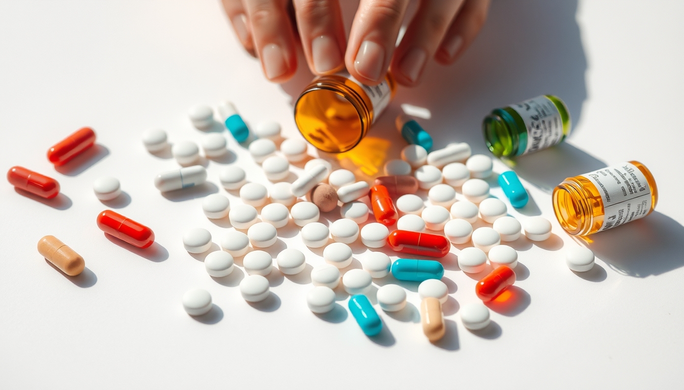 Sortimento de comprimidos em fundo branco em estilo editorial