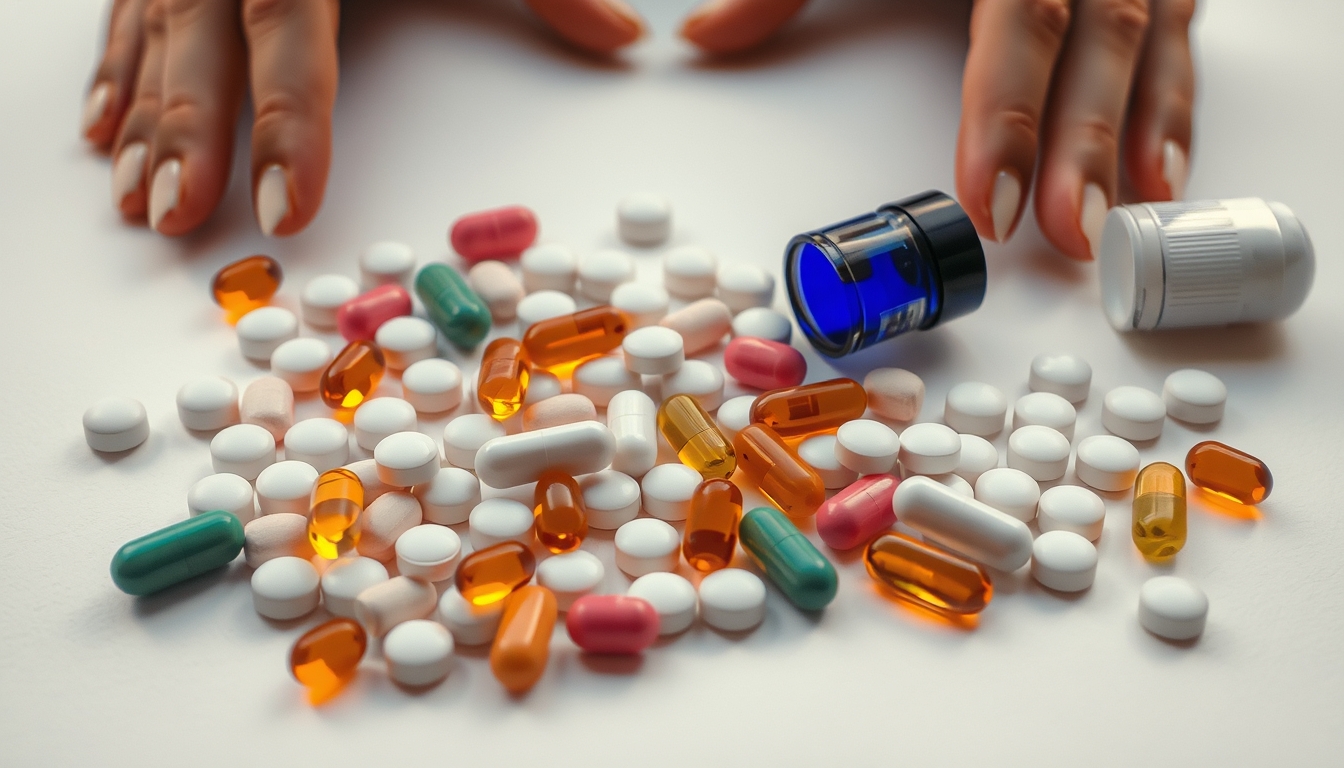 Sortimento de comprimidos em fundo branco em estilo editorial