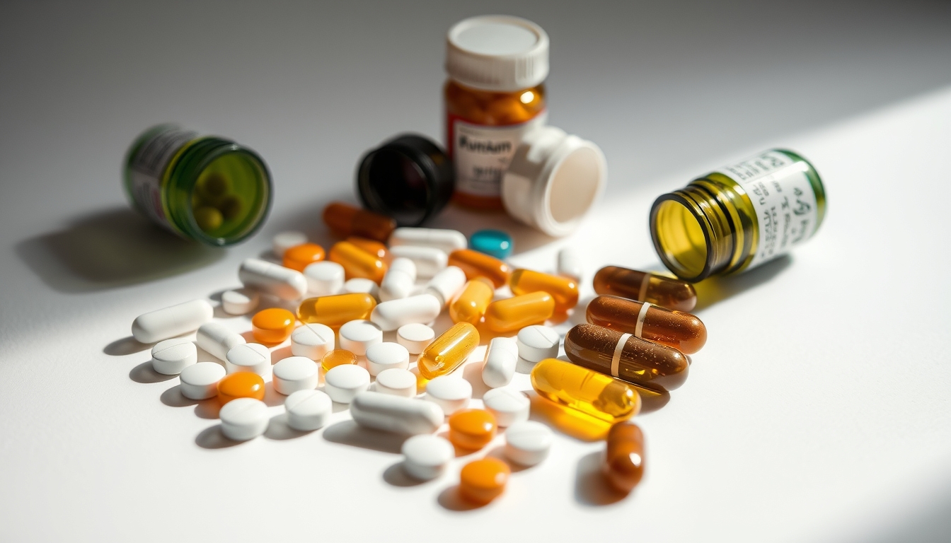 Sortimento de comprimidos em fundo branco em estilo editorial