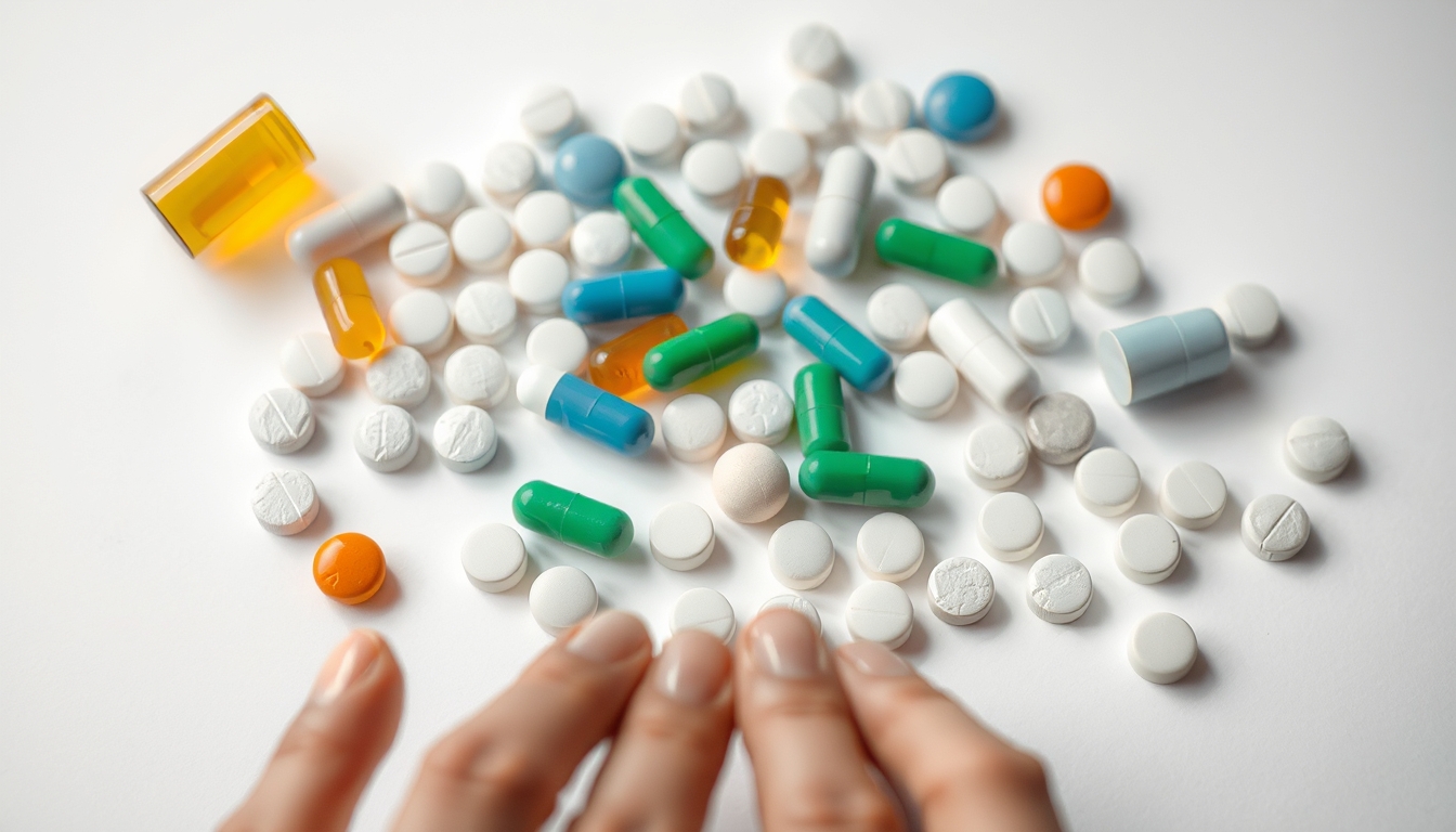 Sortimento de comprimidos em fundo branco em estilo editorial