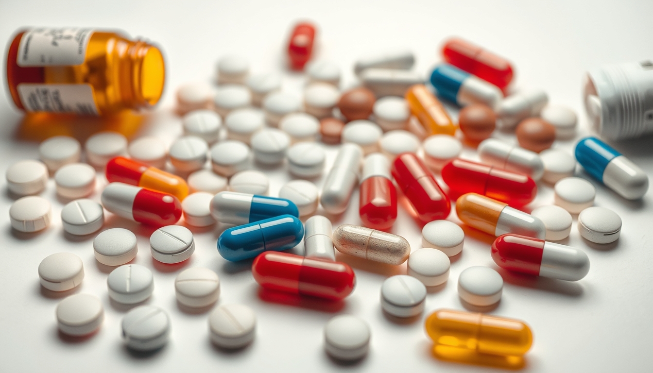 Sortimento de comprimidos em fundo branco em estilo editorial