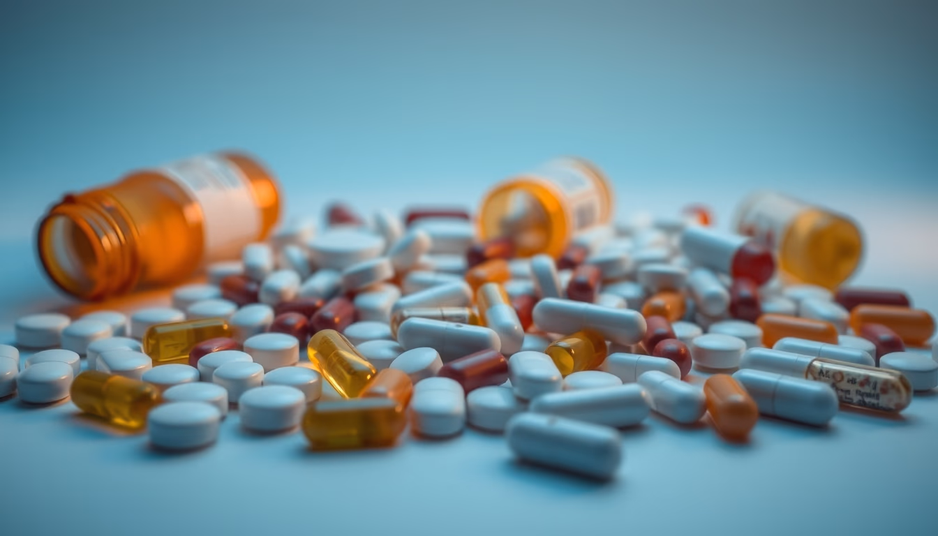 medical pills assortment on white background in editorial style