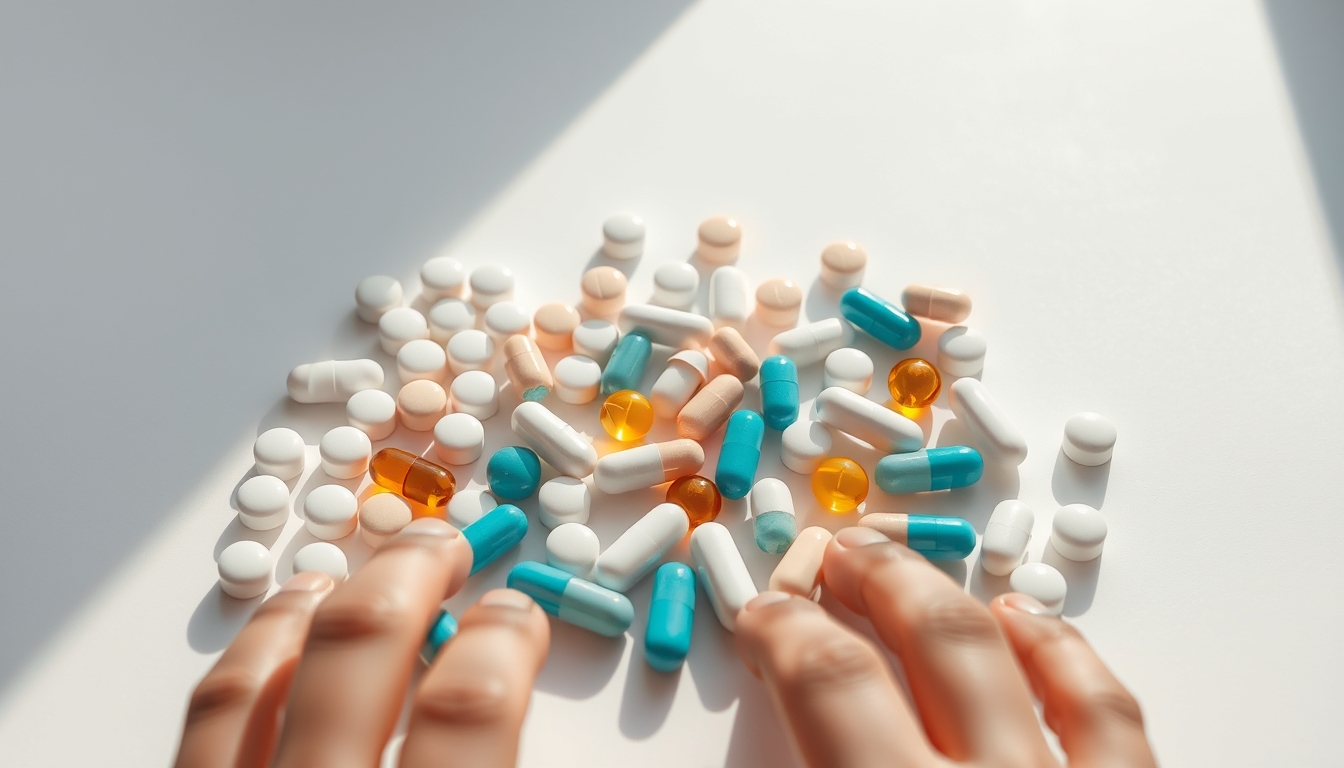 Sortimento de comprimidos em fundo branco em estilo editorial