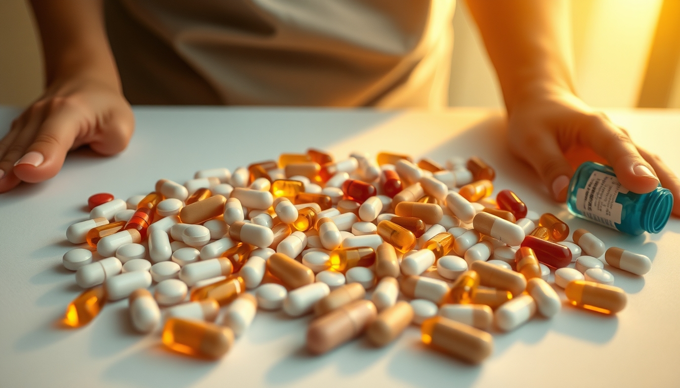 Sortimento de comprimidos em fundo branco em estilo editorial